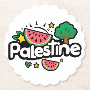 Cute Palestine word surrounded by watermelons tree Paper Coaster