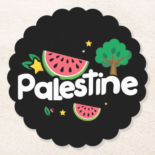 Cute Palestine word surrounded by watermelons tree Paper Coaster (Front)
