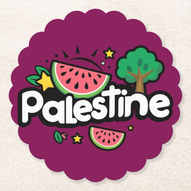 Cute Palestine word surrounded by watermelons tree Paper Coaster (Front)