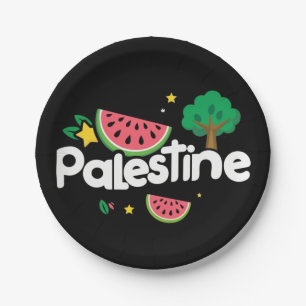 Cute Palestine word surrounded by watermelons tree Paper Plate