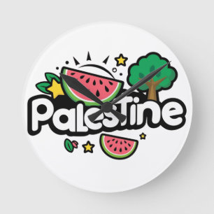 Cute Palestine word surrounded by watermelons tree Round Clock
