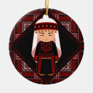 cute Palestinian girl Embroidery red tatreez   Ceramic Tree Decoration
