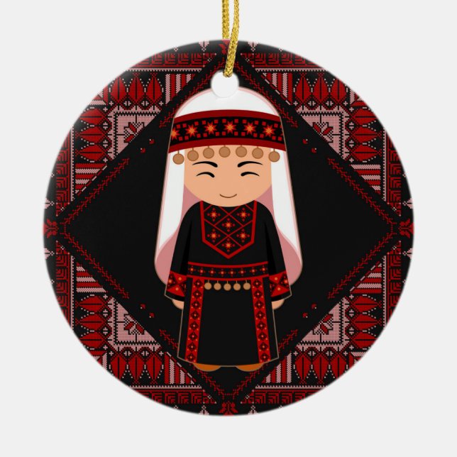 cute Palestinian girl Embroidery red tatreez   Ceramic Tree Decoration (Front)