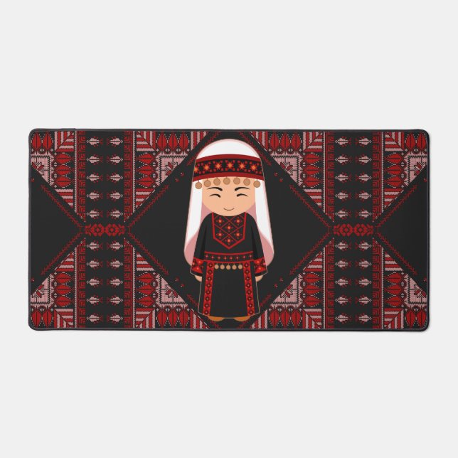 cute Palestinian girl Embroidery red tatreez   Desk Mat (Front)