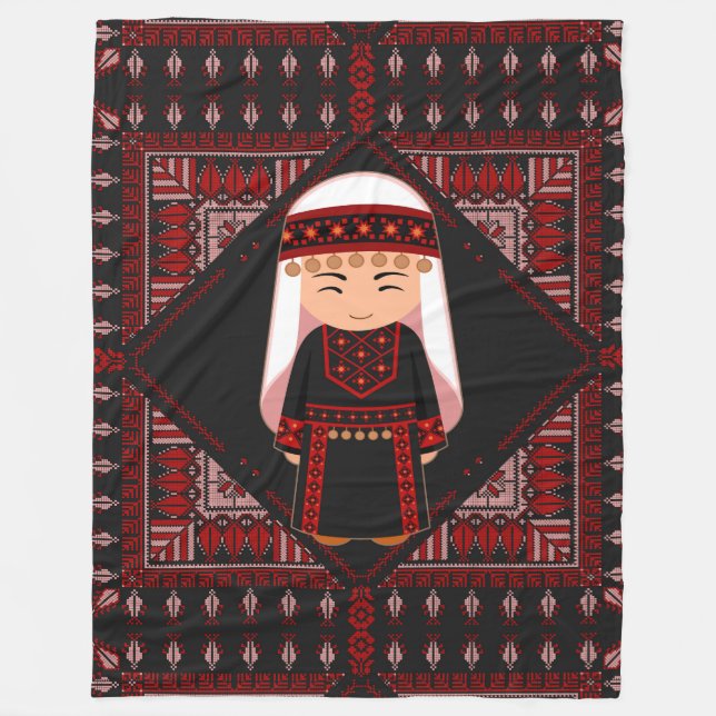 cute Palestinian girl Embroidery red tatreez   Fleece Blanket (Front)