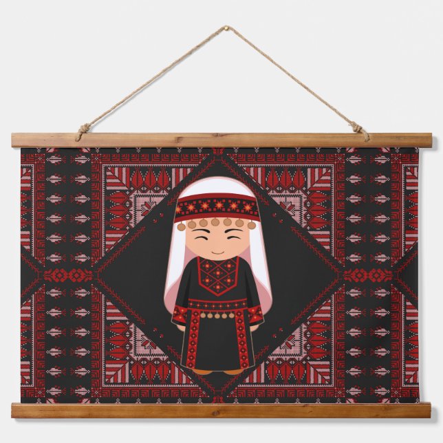 cute Palestinian girl Embroidery red tatreez   Hanging Tapestry (Front)