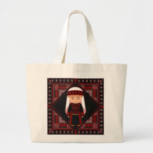 cute Palestinian girl Embroidery red tatreez Large Tote Bag