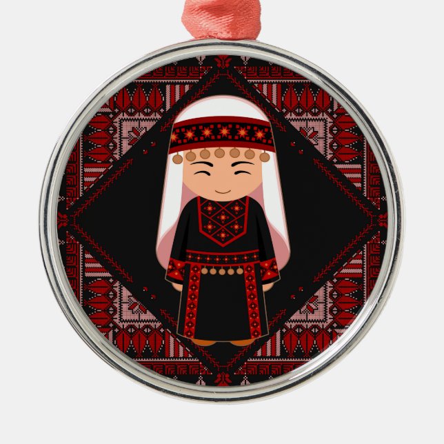 cute Palestinian girl Embroidery red tatreez   Metal Tree Decoration (Front)
