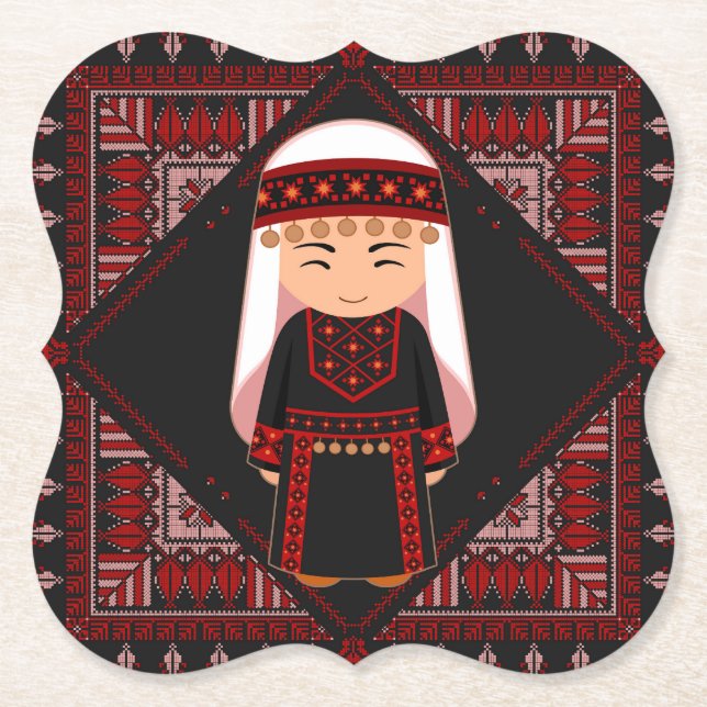 cute Palestinian girl Embroidery red tatreez   Paper Coaster (Front)