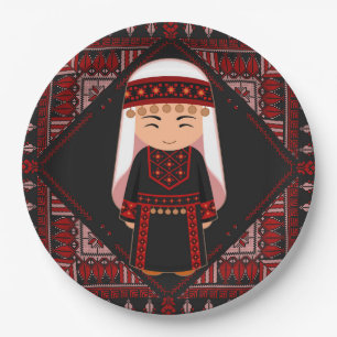 cute Palestinian girl Embroidery red tatreez Paper Plate