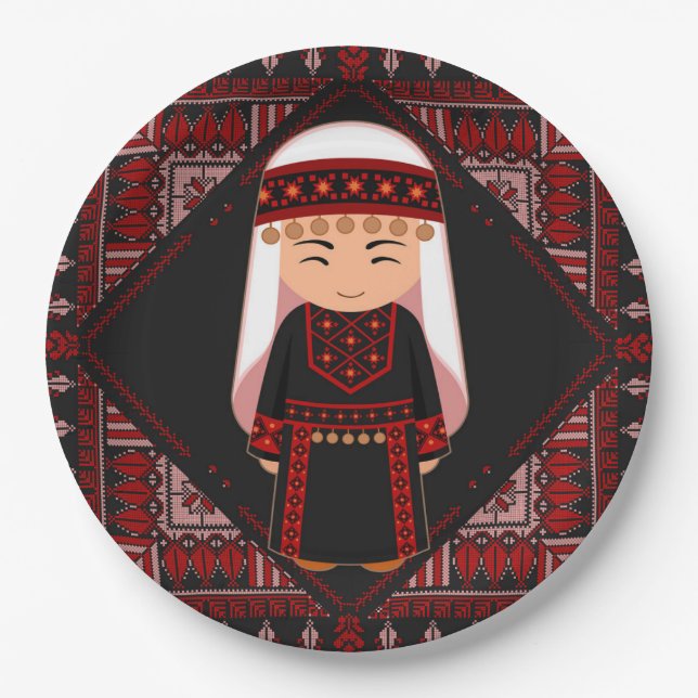 cute Palestinian girl Embroidery red tatreez   Paper Plate (Front)