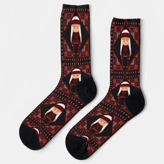 cute Palestinian girl Embroidery red tatreez   Socks (Left)