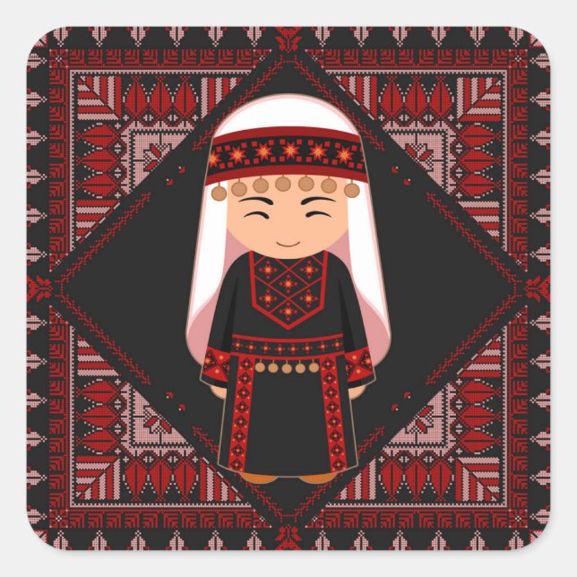 cute Palestinian girl Embroidery red tatreez   Square Sticker (Front)