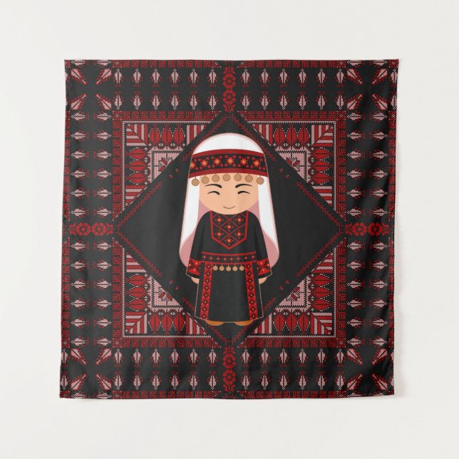 cute Palestinian girl Embroidery red tatreez   Tapestry (Front)