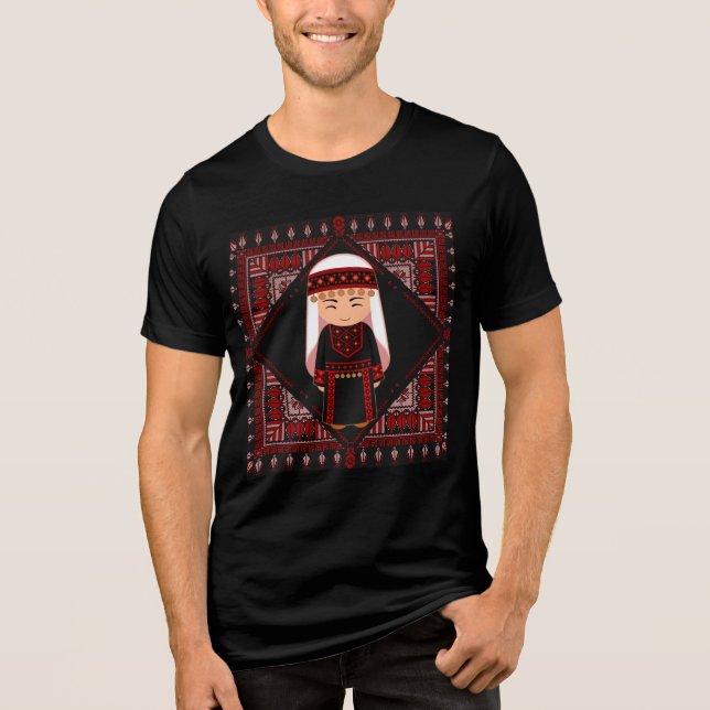 cute Palestinian girl Embroidery red tatreez   Tri-Blend Shirt (Front)