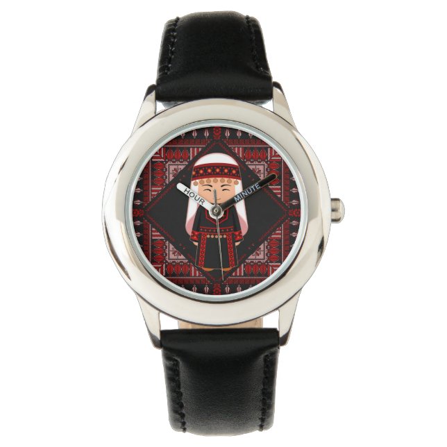 cute Palestinian girl Embroidery red tatreez   Watch (Front)
