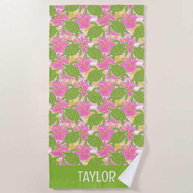 Cute Palm Beach Pink Flowers and Turtles Towel (Front)