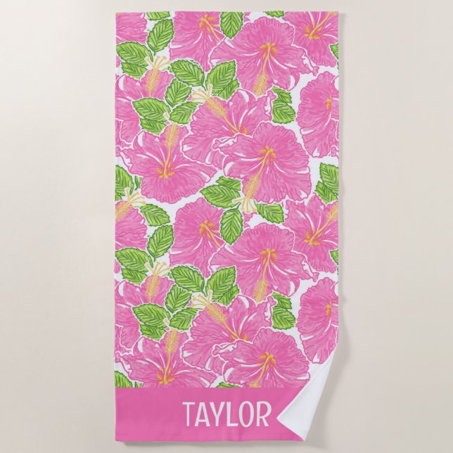 Cute Palm Beach Pink Hibiscus Flowers Towel (Front)