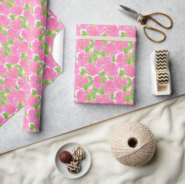Cute Palm Beach Pink Hibiscus Flowers Wrapping Paper (Crafts)