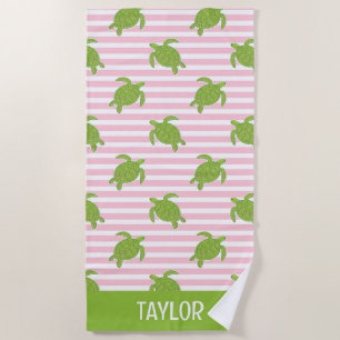 Cute Palm Beach Pink Rugby Stripes Turtles Towel