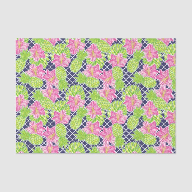 Cute Palm Beach Tropical Flowers & Pineapples Tissue Paper (Front)