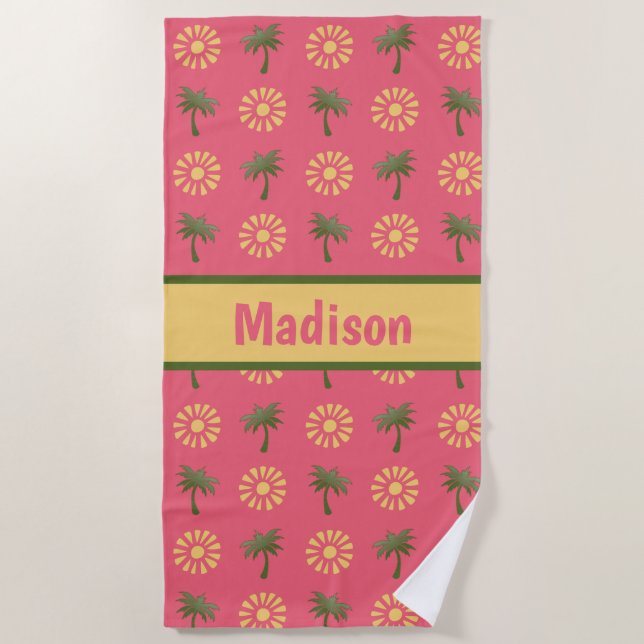 Cute palm trees & suns, on pink personalised beach towel (Front)