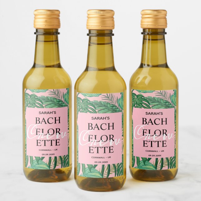 Cute Palm Tropical Pink Bachelorette Crew Party Wine Label (Bottles)