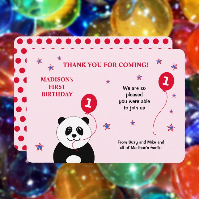 Cute panda 1st birthday party pink thank you card (Showing rounded corners option)
