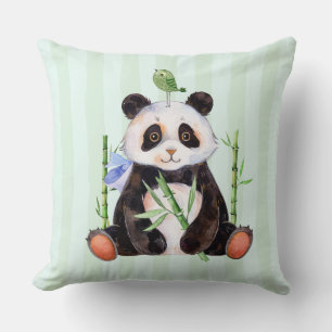 Cute Panda & A Bird Watercolors Illustration Cushion