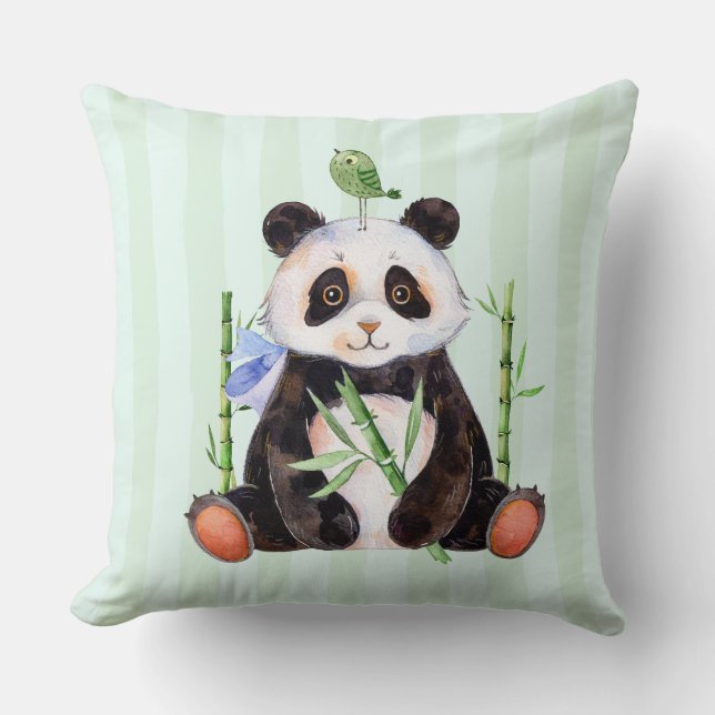 Cute Panda & A Bird Watercolors Illustration Cushion (Front)
