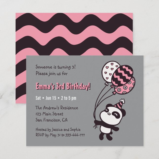 Cute Panda and Balloons Girls Birthday Party Invitation (Front/Back)