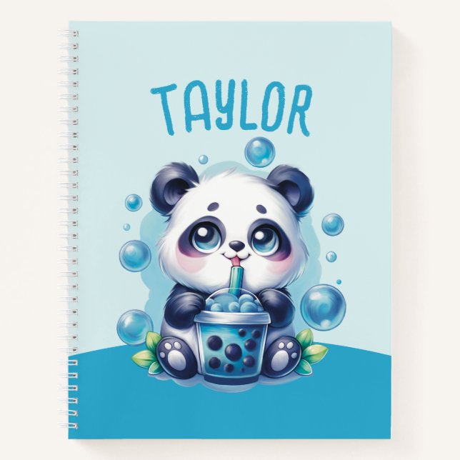 Cute Panda and Blue Boba Bubble Tea Notebook (Front)