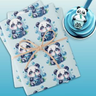 Cute Panda and Blue Boba Bubble Tea Wrapping Paper Sheet