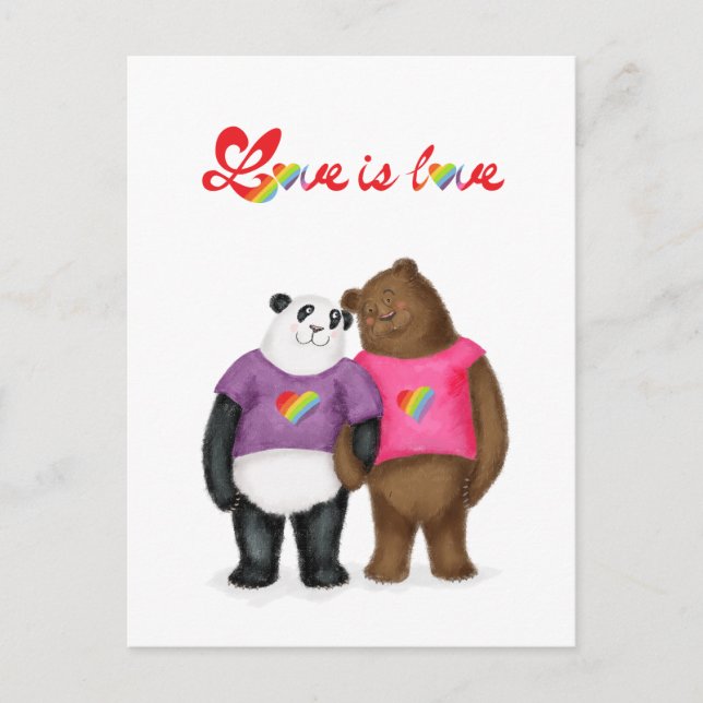 Cute panda and brown bear 'love is love' postcard (Front)