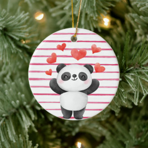 Cute Panda and Hearts Ceramic Tree Decoration