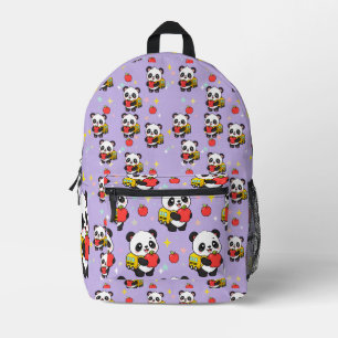 Cute Panda Apple School Pattern Purple Printed Backpack