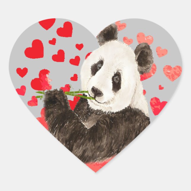 Cute Panda, Asian Bear, Watercolor Love Hearts Heart Sticker (Front)