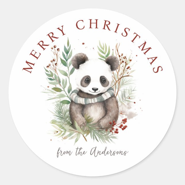 Cute Panda Baby Rustic chic Christmas botanicals Classic Round Sticker (Front)