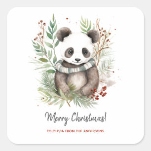 Cute Panda Baby Rustic Christmas botanicals Square Sticker