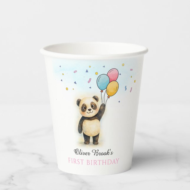 Cute Panda Balloon 1st Birthday Party Paper Cups (Front)