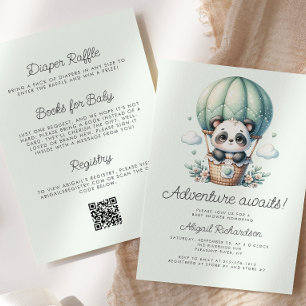 Cute Panda Balloon Mint Green QR Code Baby Shower Invitation