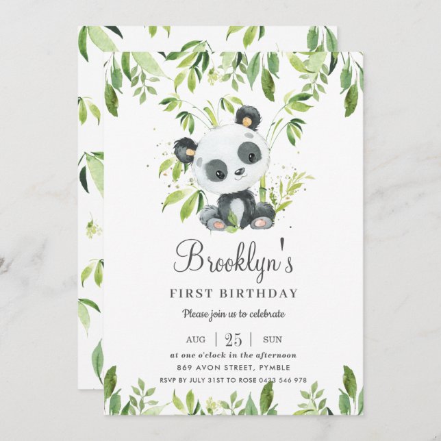 Cute Panda Bamboo Greenery 1st Birthday Party Invitation (Front/Back)