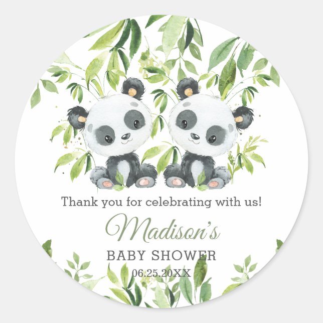 Cute Panda Bamboo Greenery Twins Baby Shower Classic Round Sticker (Front)