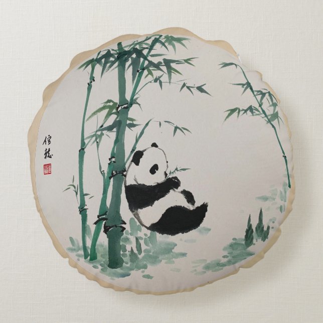 Cute Panda Bamboo Ink Art Round Pillow (Back)