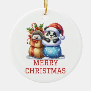 Cute Panda Bear and Hedgehog Cub Christmas Ceramic Tree Decoration