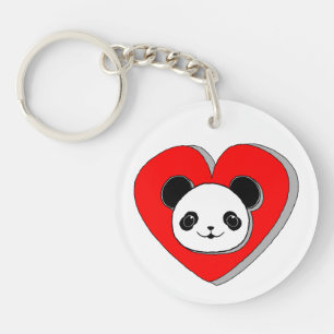 Cute Panda Bear And Red Heart Drawing Key Ring