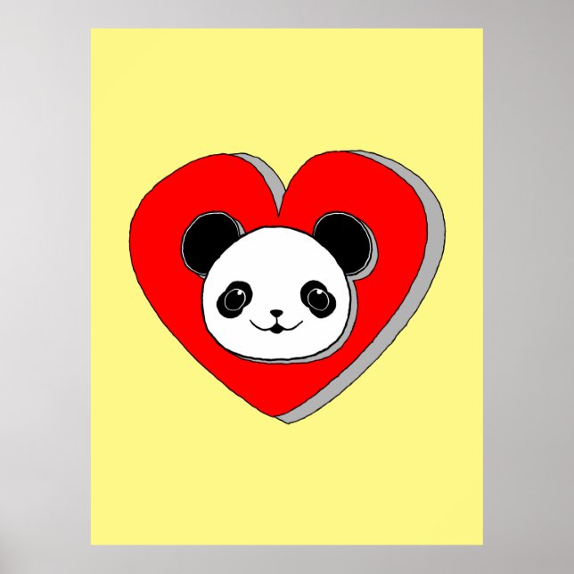 Cute Panda Bear And Red Heart Drawing Poster (Front)