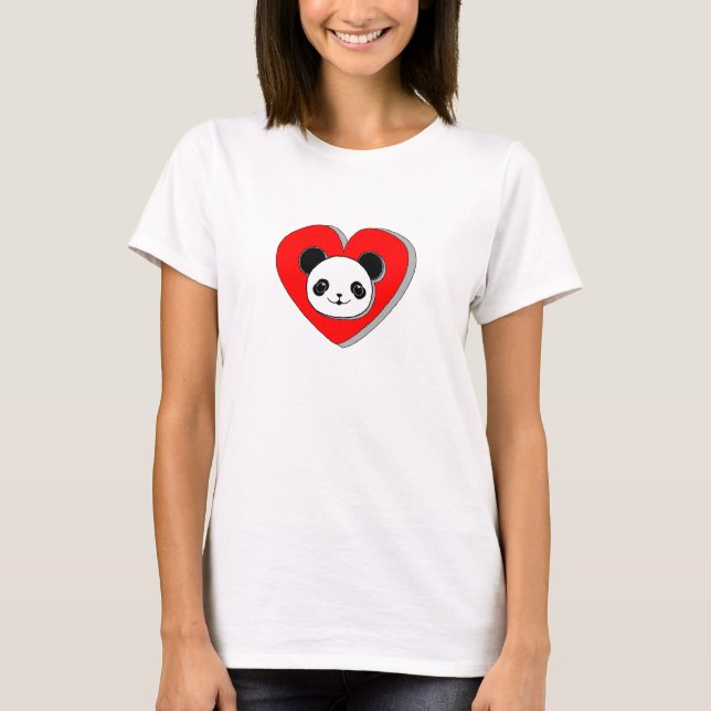 Cute Panda Bear And Red Heart Drawing T-Shirt (Front)