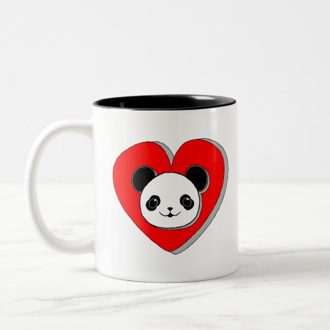 Cute Panda Bear And Red Heart Drawing Two-Tone Coffee Mug (Left)