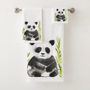 Cute Panda Bear Animal Bamboo Watercolor Bath Towel Set